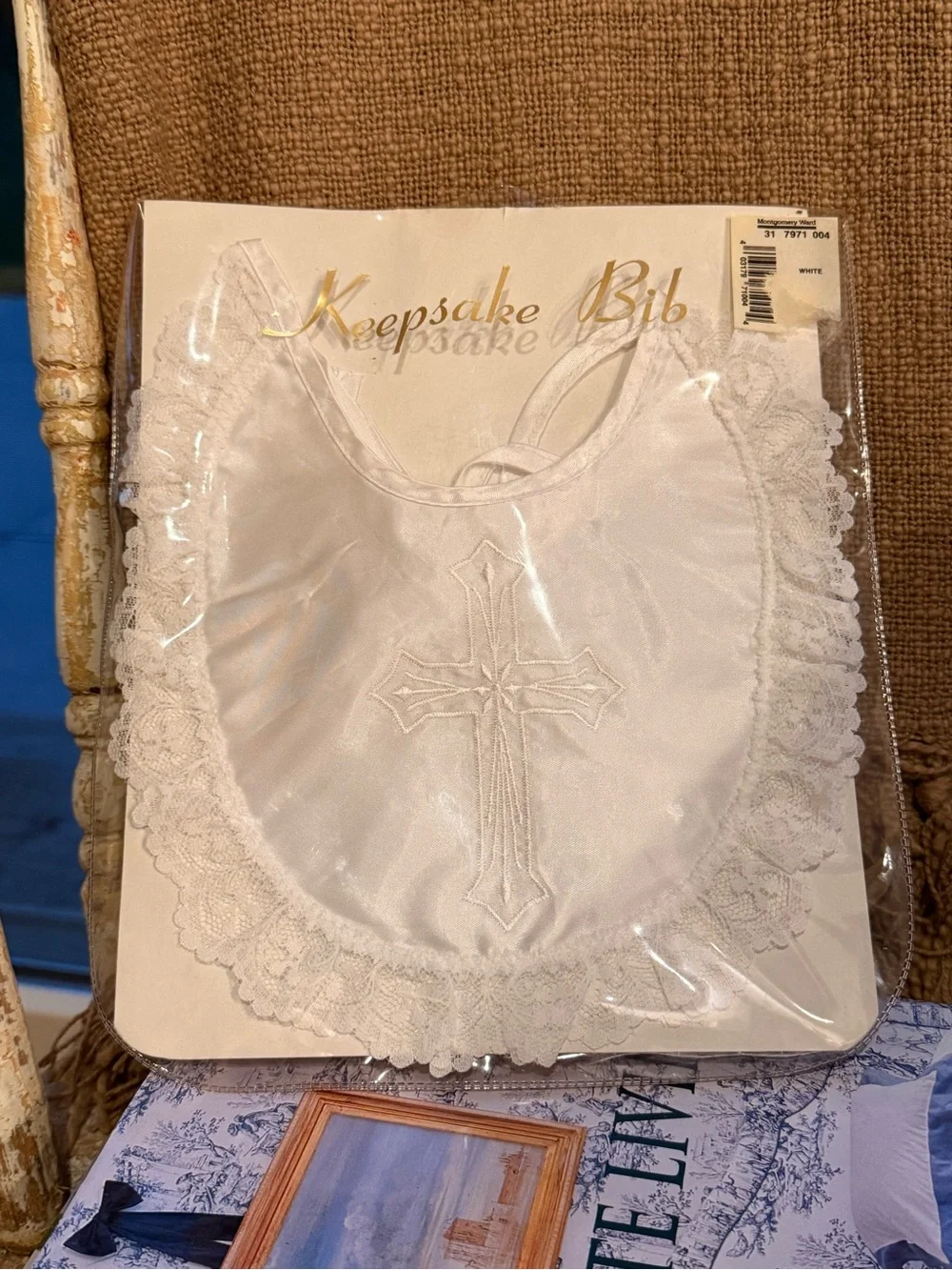 White Christening Bib with Cross Embroidery-Keepsake